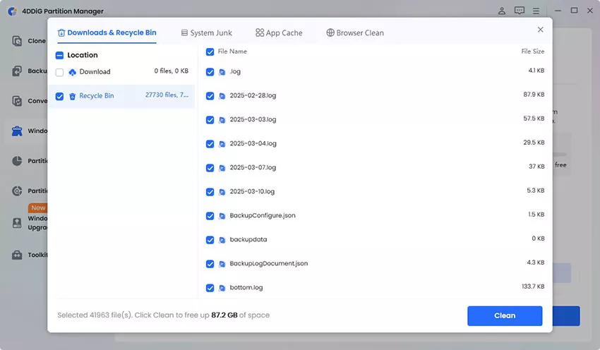 check files to clean