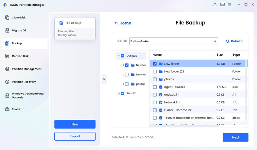 select files to back up