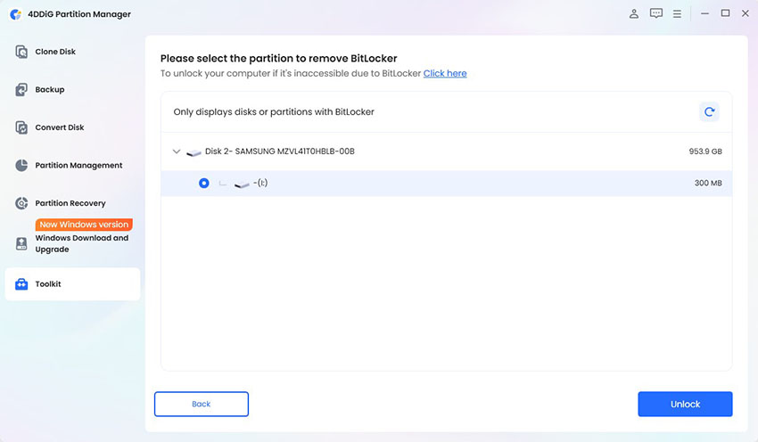 click unlock button to remove bitlocker