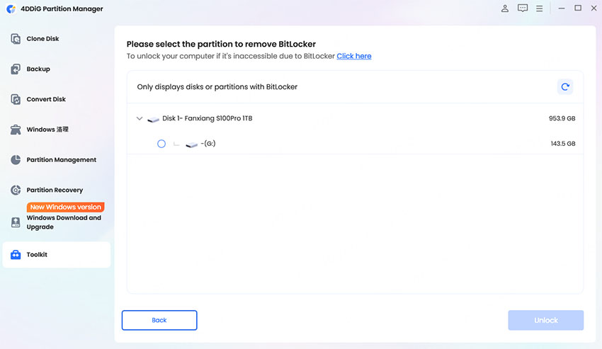 select disk partition to unlock