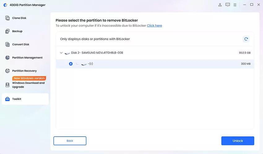 select partition to unlock
