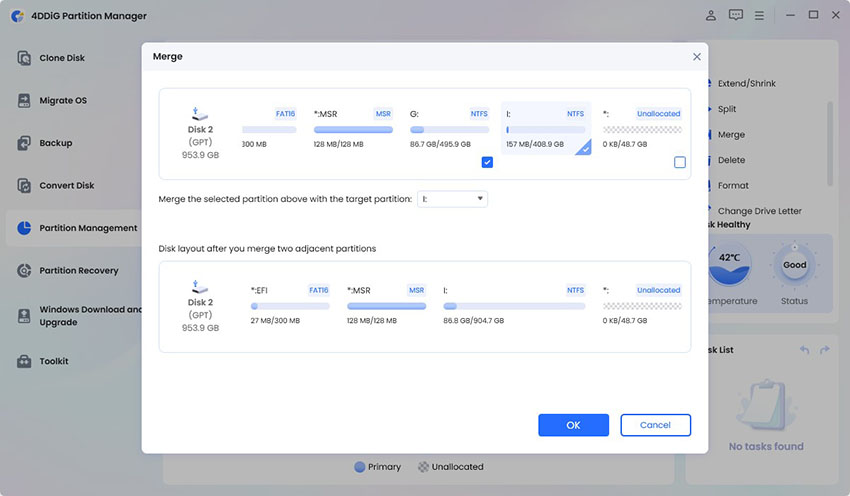select partitions to merge in 4ddig partition manager