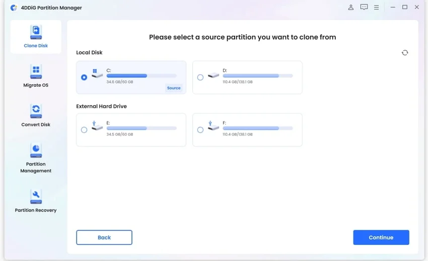 Select a source partition you want to clone from