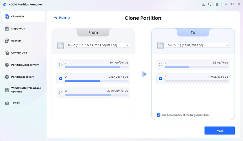 select source partition and target disk