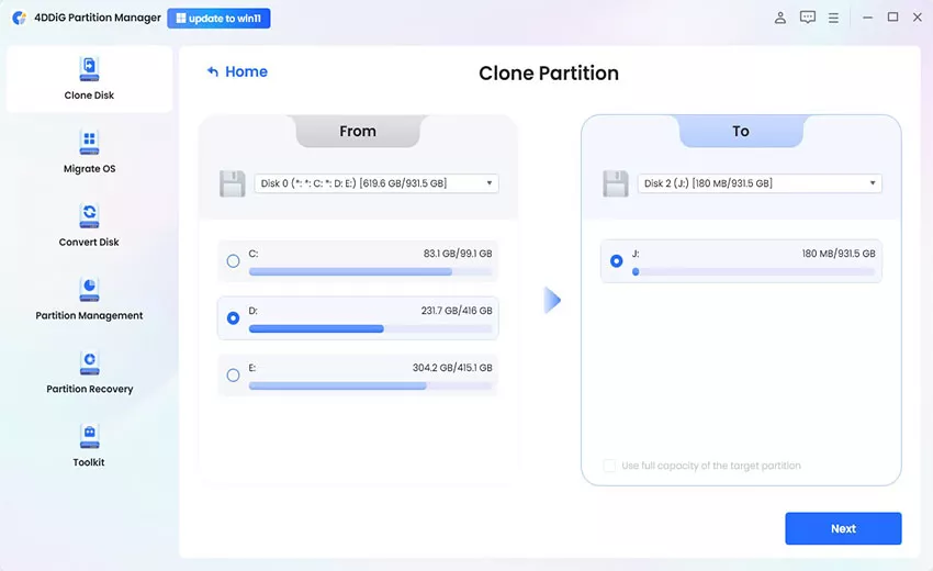 Select a source partition you want to clone from and a target partition