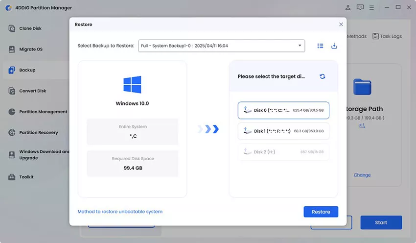 select backup and target disk to restore
