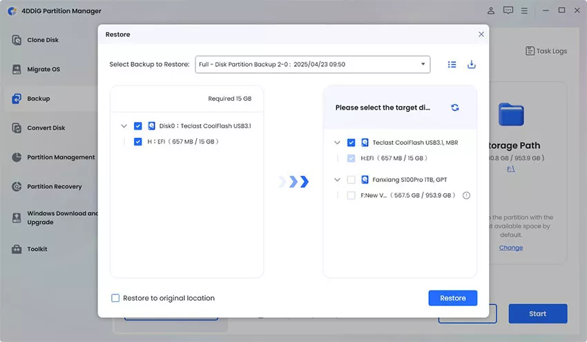 setect the disk or partition backup