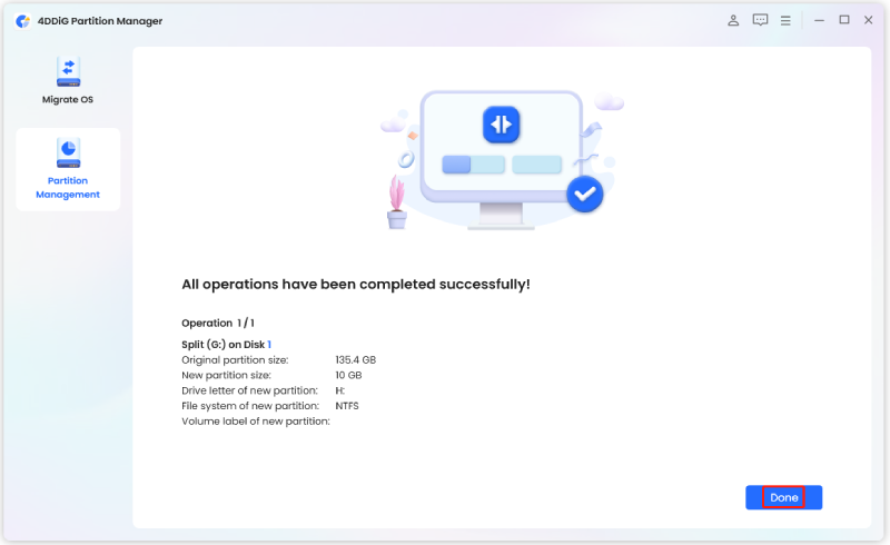 split the partition successfully