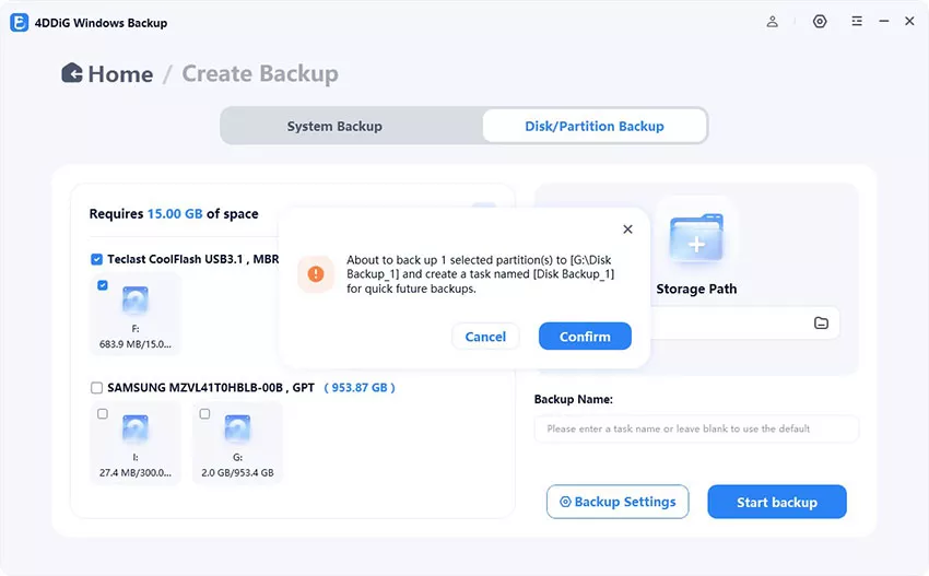 click start and confirm to backup