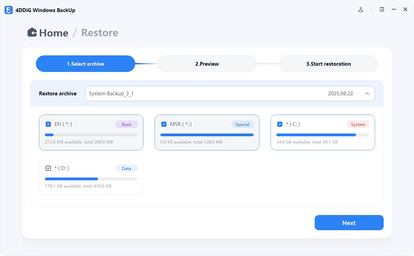 choose partitions to restore