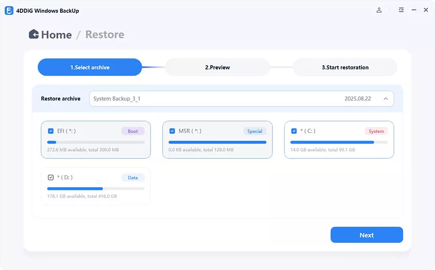 select archive and partitions to restore