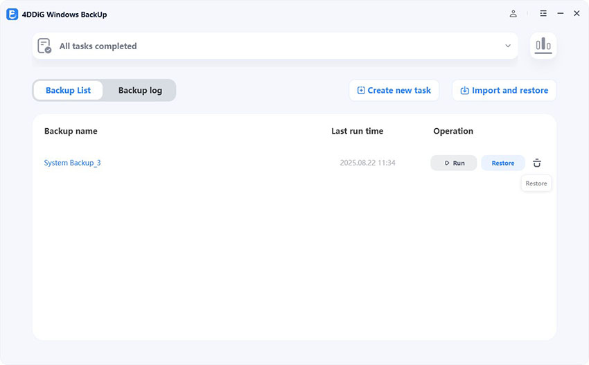 select a backup and restore