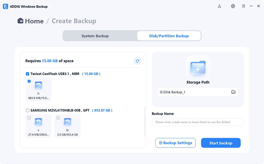 select disk to backup