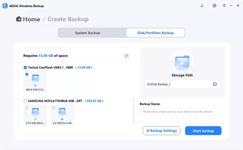 select partitions to backup and destination