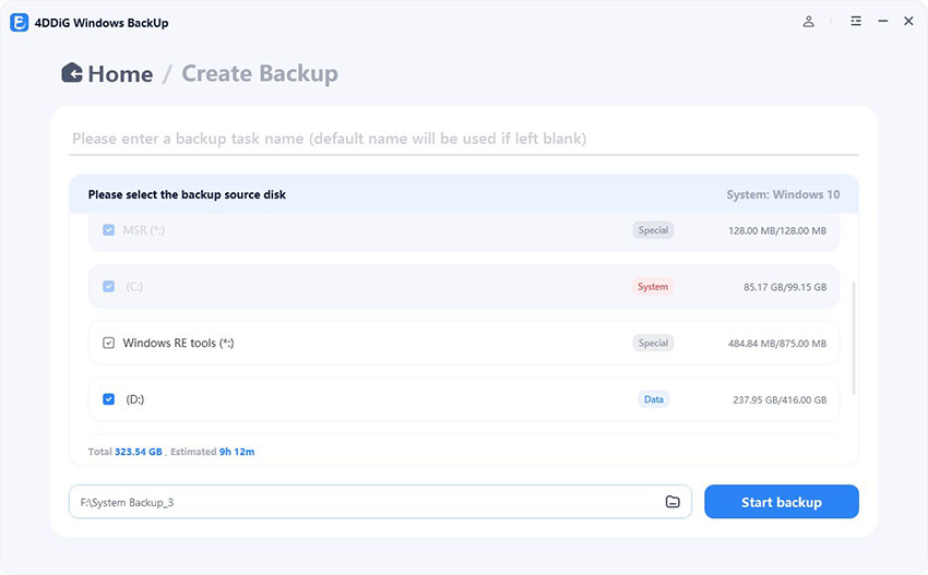 select partitions to backup