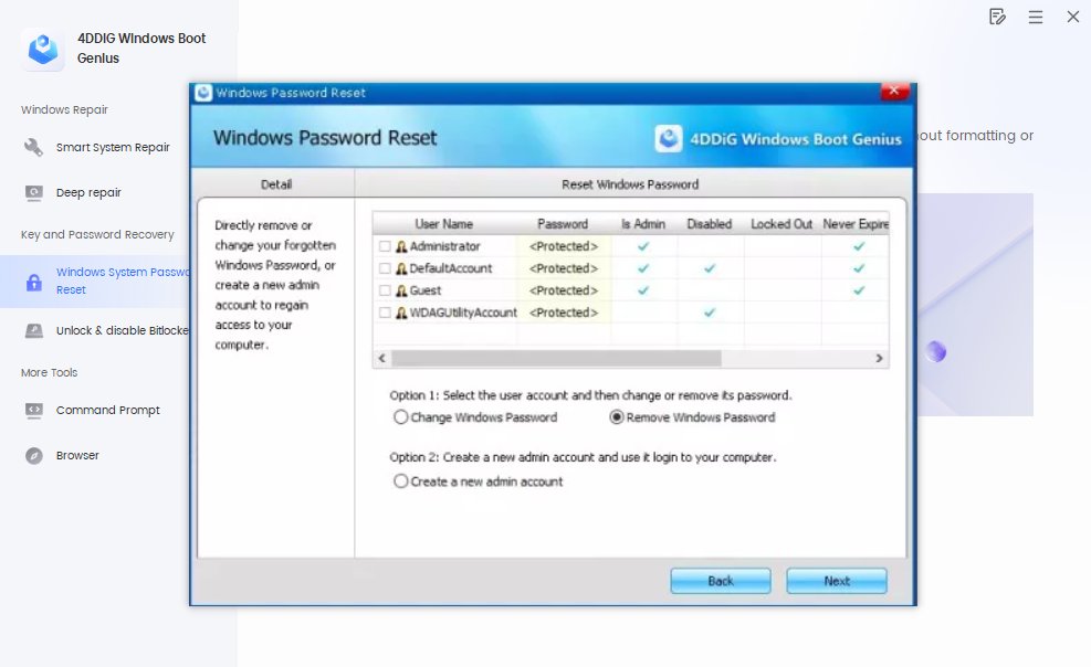 select option to remove windows password