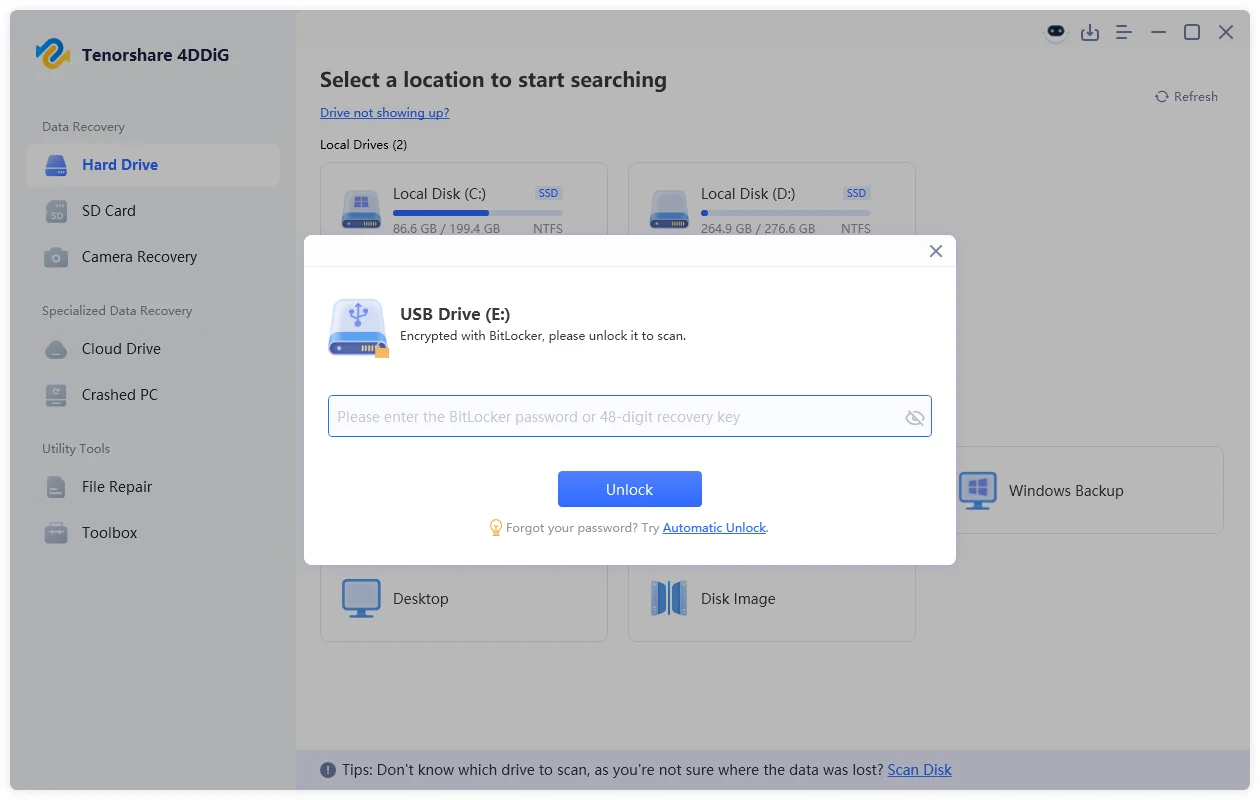 enter bitlocker recovery key to unlock