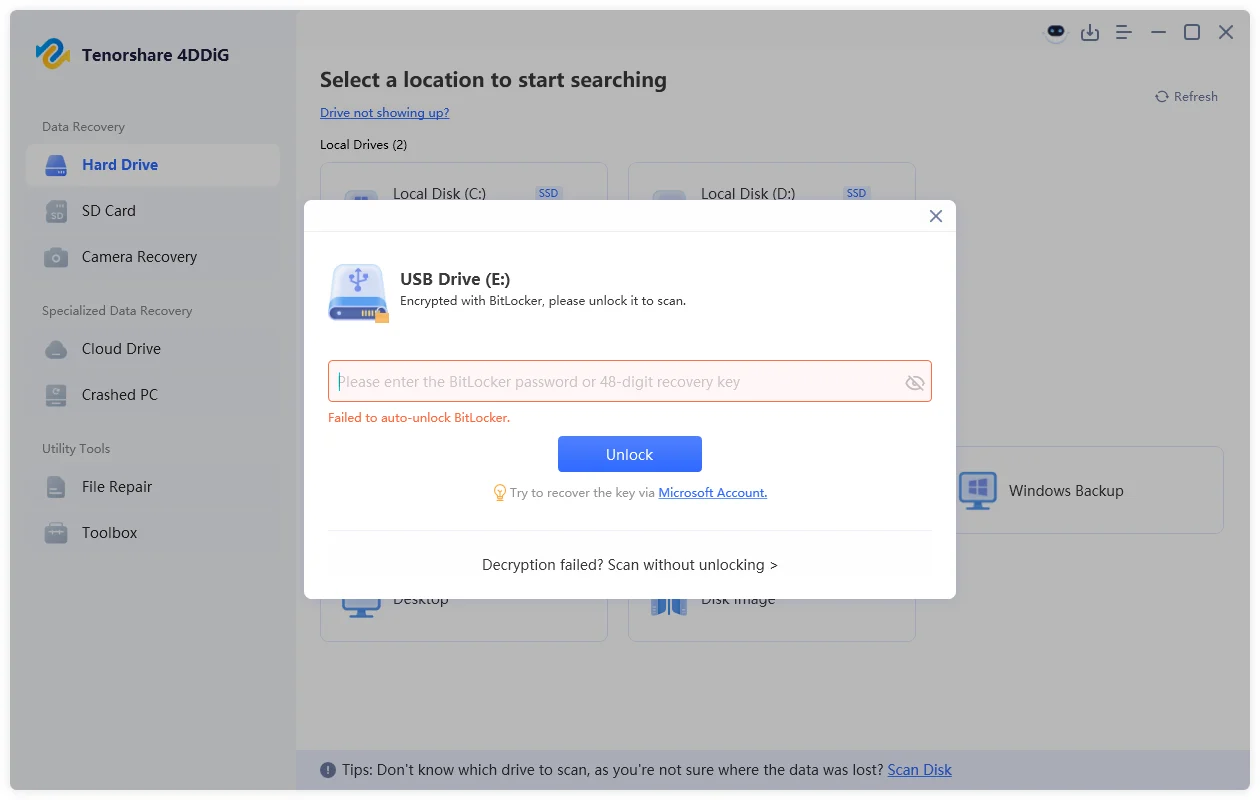 failed to auto unlock bitlocker