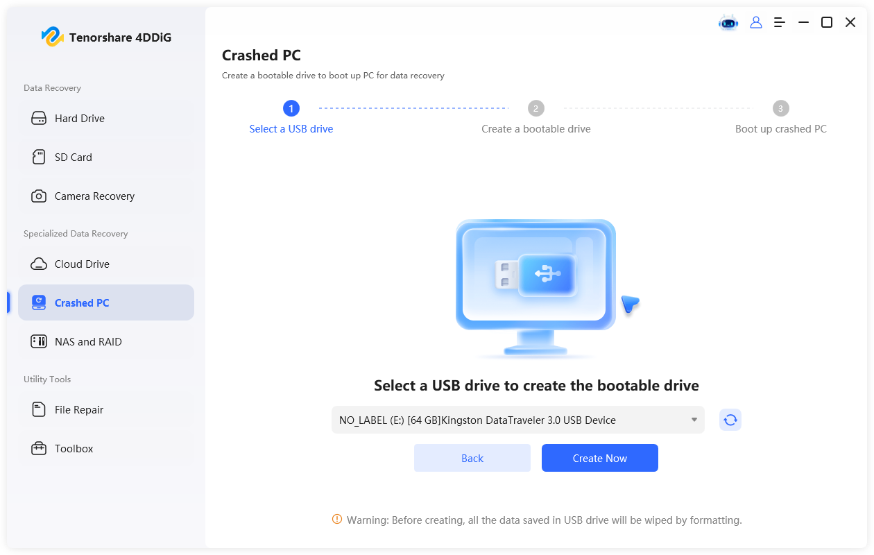 select usb drive to create a bootable drive