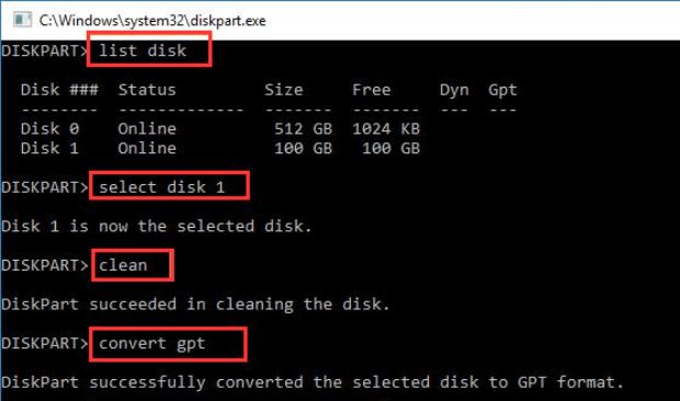 convert MBR to GPT using diskpart 