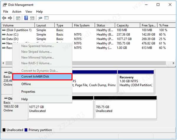 convert gpt partition to mbr using disk management