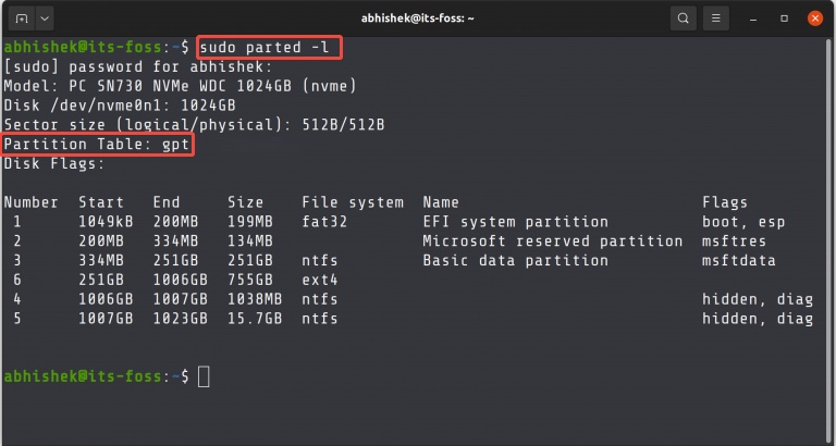 check disk is mbr or gpt on linux