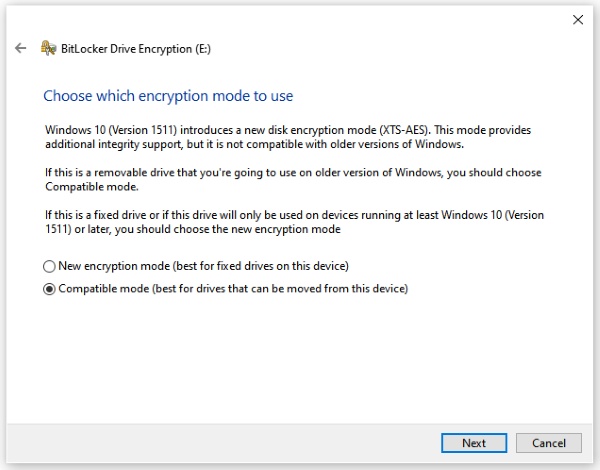 choose compatible mode for encrypting external hard drive