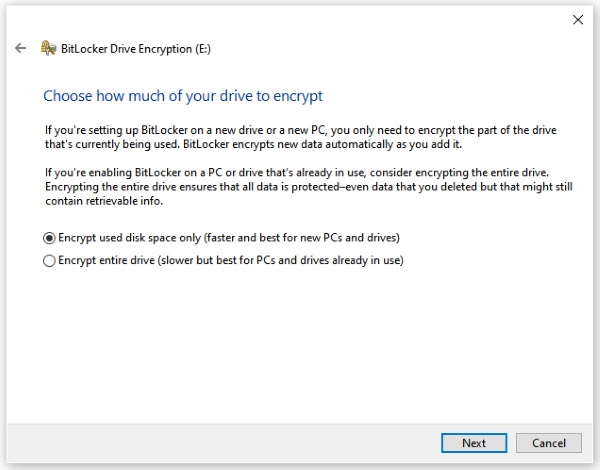 choose encrypt used disk space only