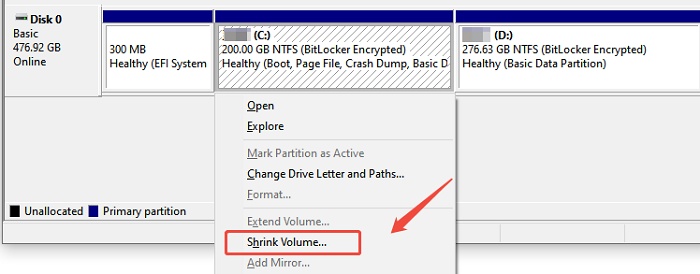 choose shrink volume