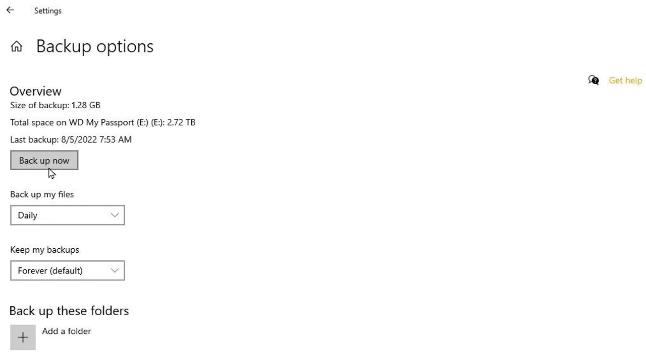 haga clic en el botón de copia de seguridad ahora