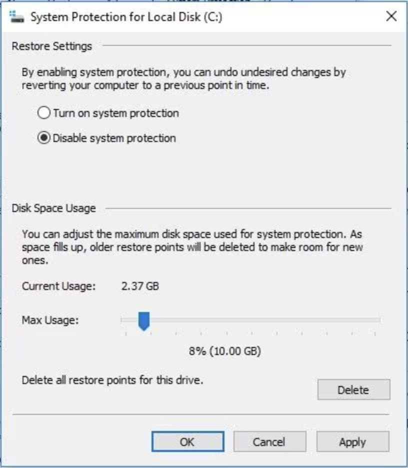 deshabilitar y habilitar la protección del sistema