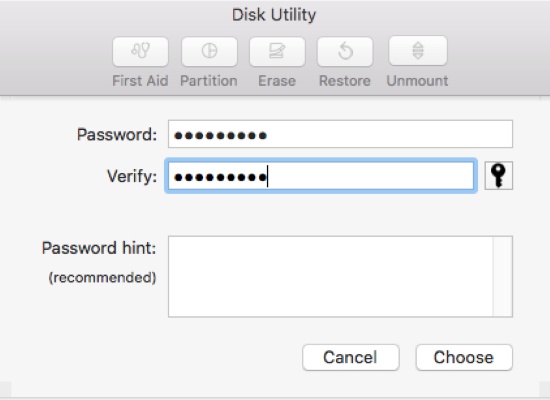 enter a password on disk utility