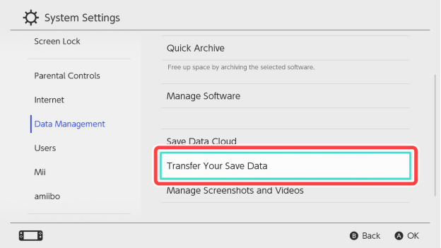 Nintendo Switch transfiere sus datos guardados