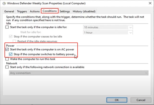 realizar el análisis programado de Windows Defender en tiempo de energía