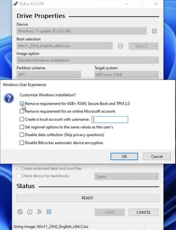 remove win 11 requirements in rufus