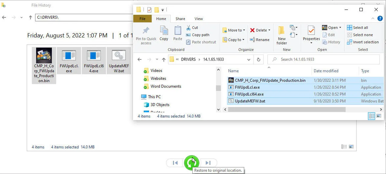 restaurar a la ubicación original