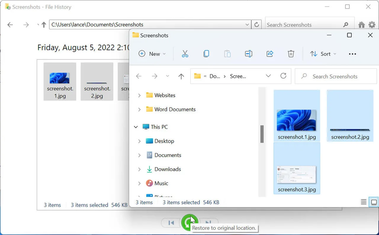 seleccione la opción restaurar a la ubicación original