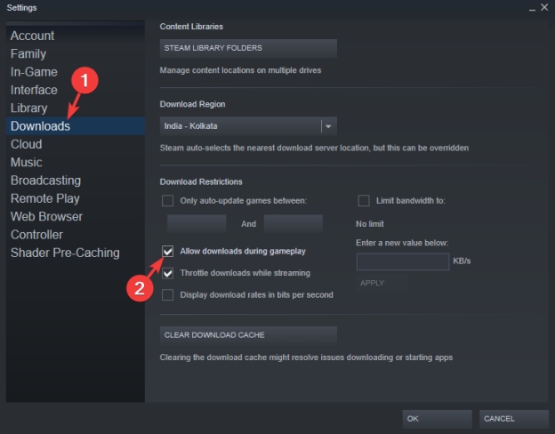 desmarque permitir descargas durante el juego en Steam