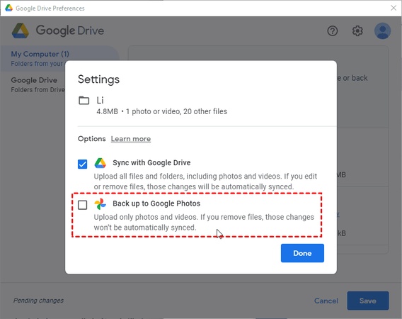 stop google photos backup pc