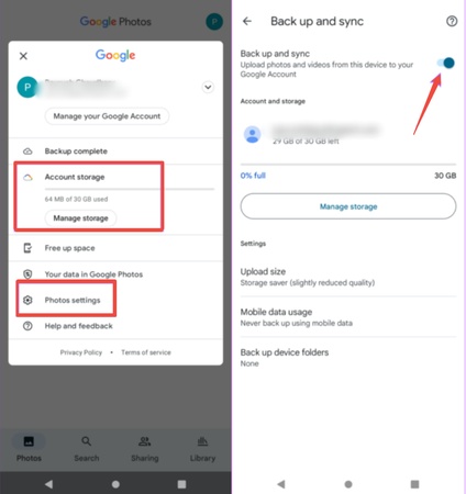 turn off google photos backup android