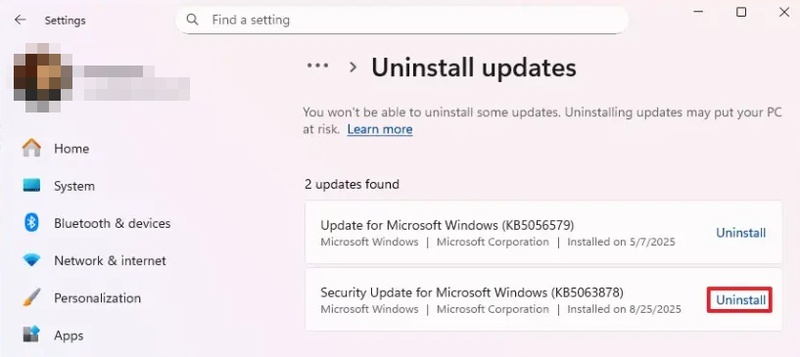 uninstall kb5063878 to fix ssd failures