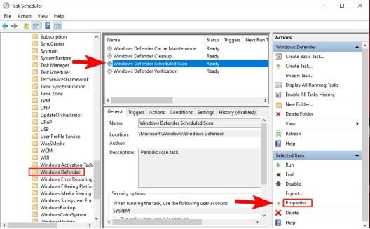 propiedades de exploración programadas de Windows Defender