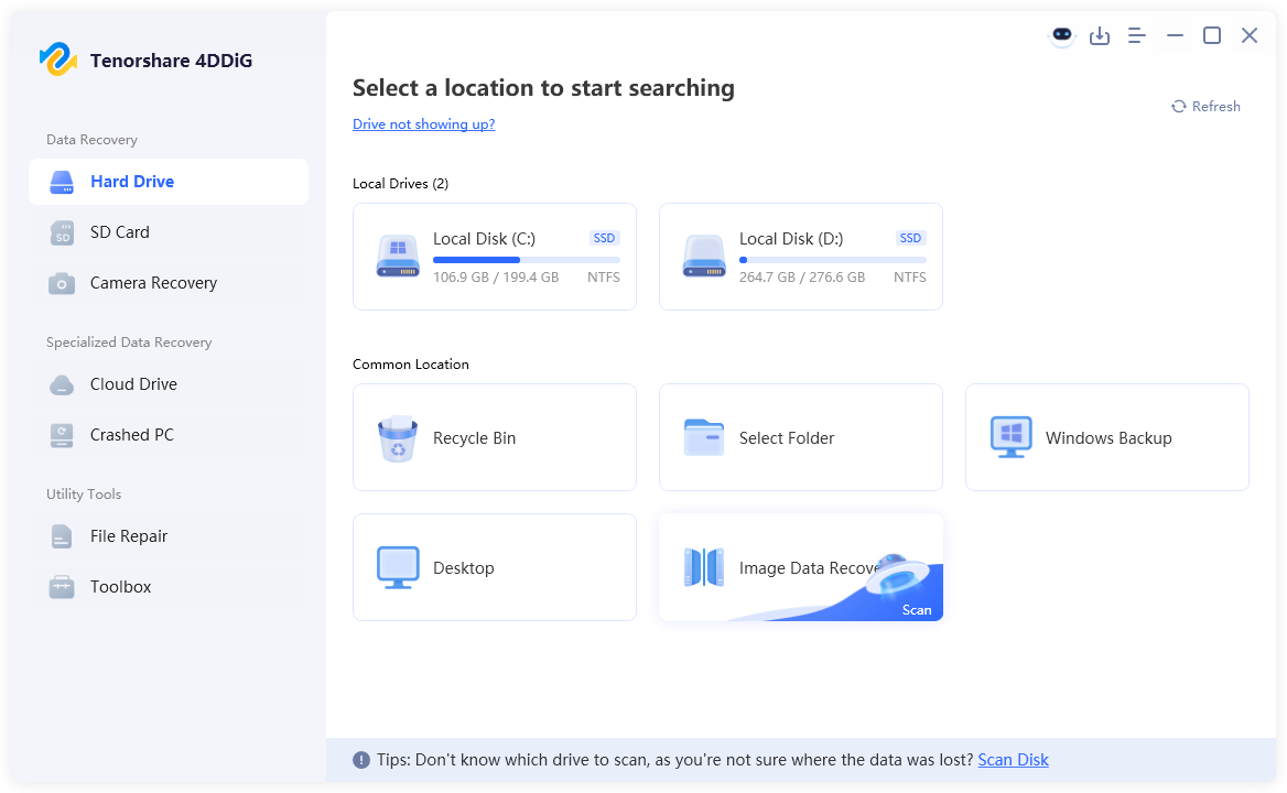 choose disk image under common location
