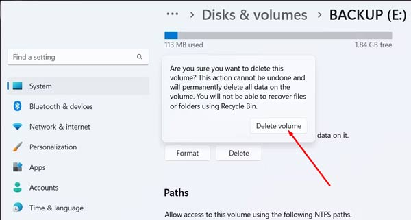 eliminar el volumen de partición en la configuración de Windows