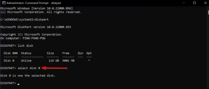 enter the select disk prompt