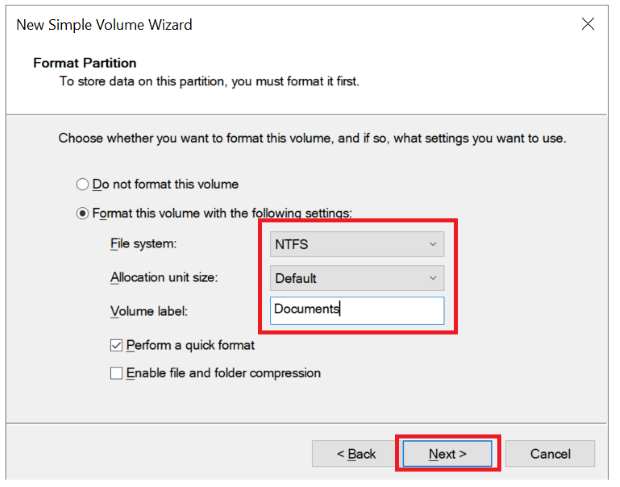 format the partition settings