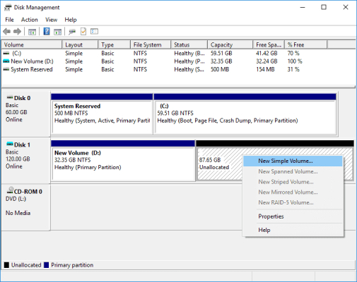 como particionar uma unidade ssd com o gerenciamento de disco - passo 3