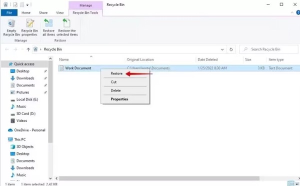click restore personal files