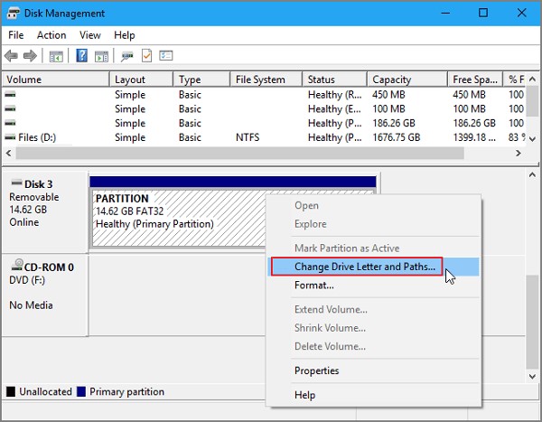 selecting the hard drive to change the drive letter