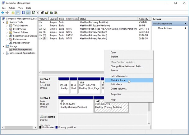 Shrink Volume Option in Disk Management